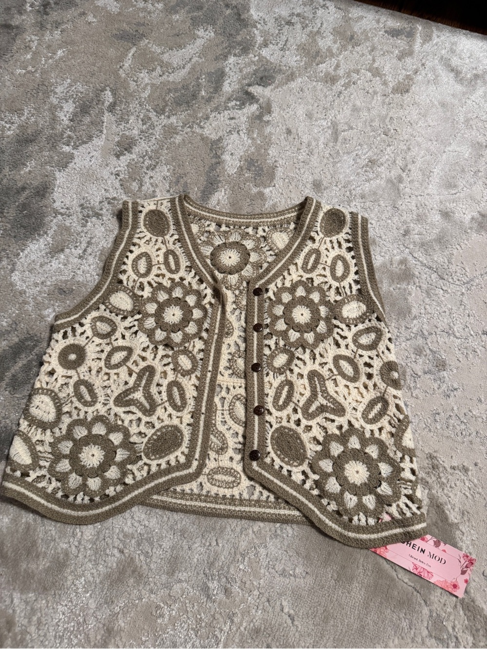 SHEIN Cream and Taupe Crochet Floral Vest